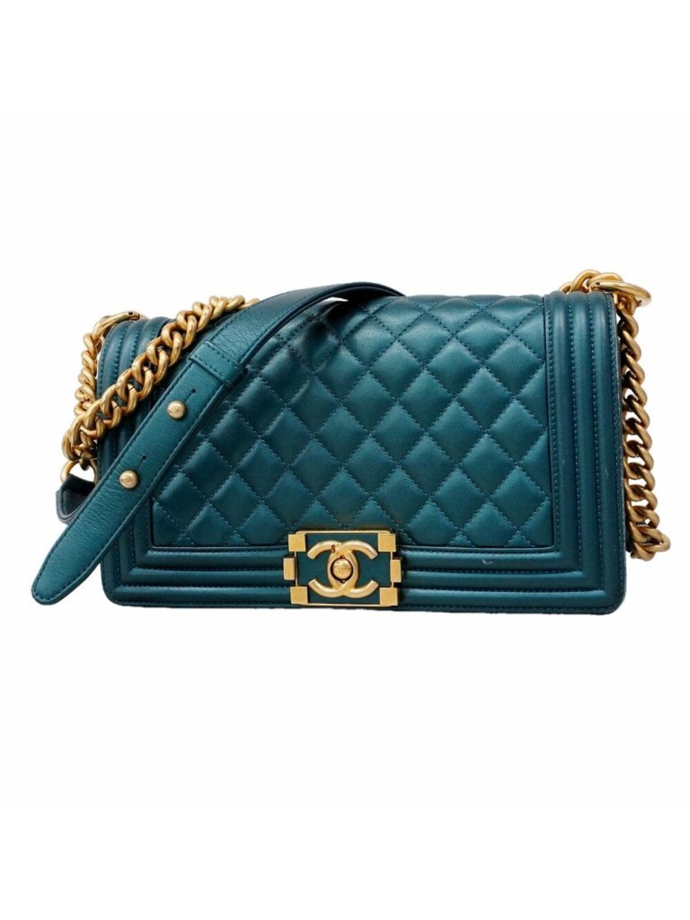 Chanel Shoulder Bag Boy Lambskin Blue Gold